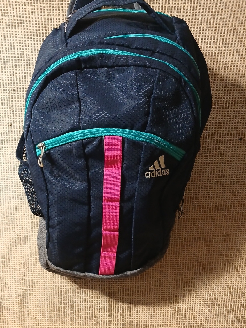 adidas Navy Backpack with Teal Zippers and Pink Webbing